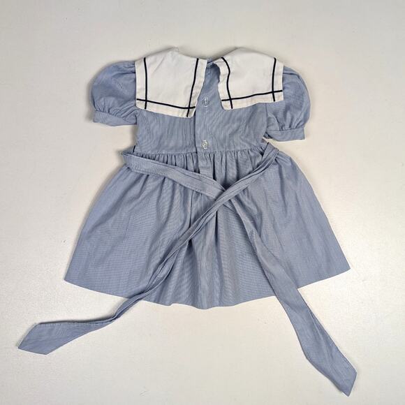 Vtg Polly Flinders Dress Girls Sz 2T Blue Pinstripe Sailor Sailboat Smocked 80s - Picture 3 of 4